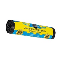 Мешки для мусора 120 л, с ушками, черные, в рулоне 10 шт., ПНД, 13 мкм, 1050х680 мм, Крепакоф, 4607075710436 в Новосибирске