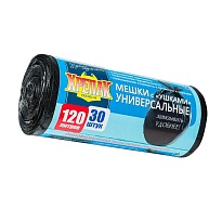 Мешки для мусора 120 л, с ушками, черные, в рулоне 30 шт., ПНД, 15 мкм, 1100х700 мм, Крепак, 4607075710375 в Новосибирске