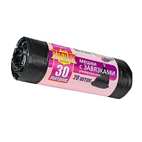 Мешки для мусора 30 л, с завязками, черные, в рулоне 20 шт., ПНД, 12 мкм, 580х500 мм, Крепак, 4607075710306 в Новосибирске